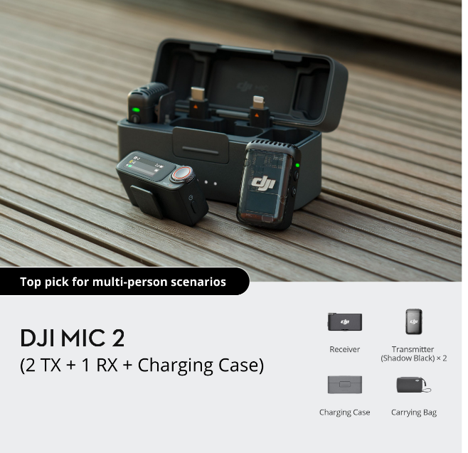 DJI Mic 2 Wireless Microphone | High Quality Audio Recording | Magnetic Attachment | 14H Internal Recording | Pocket-sized Pro Audio