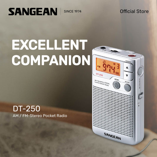 Sangean DT-250 AM / FM-Stereo Pocket Radio (Silver) - 1 Year Manufacturer Warranty