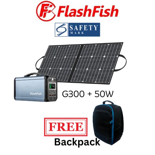 Flashfish G300 Portable Power Station with 50W/18V Foldable Solar Panel FREE Backpack