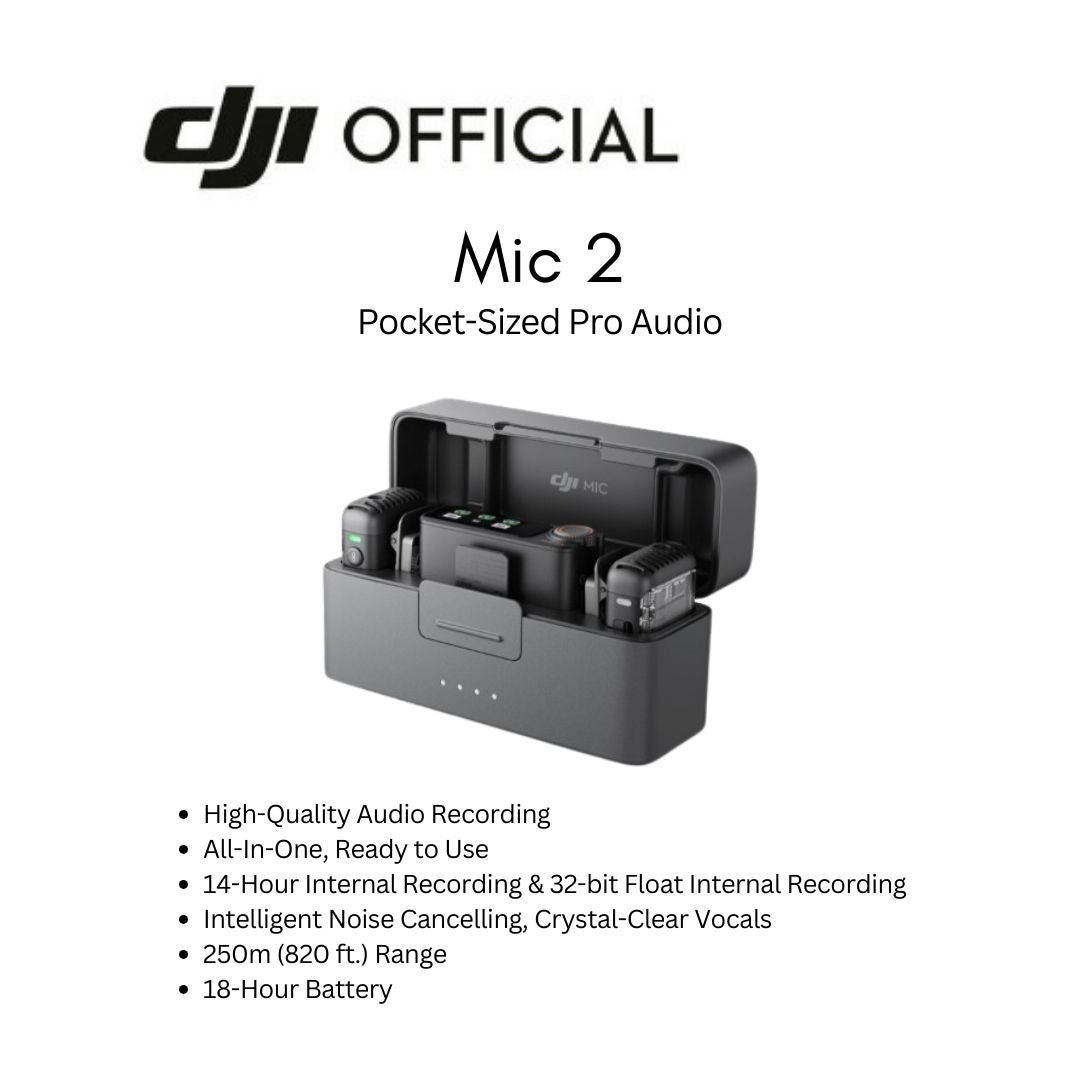 DJI Mic 2 (2 TX + 1 RX + Charging Case), All-in-one Wireless Microphone,  Intelligent Noise Cancelling, 32-bit Float Internal Recording, 250m (820  ft.)