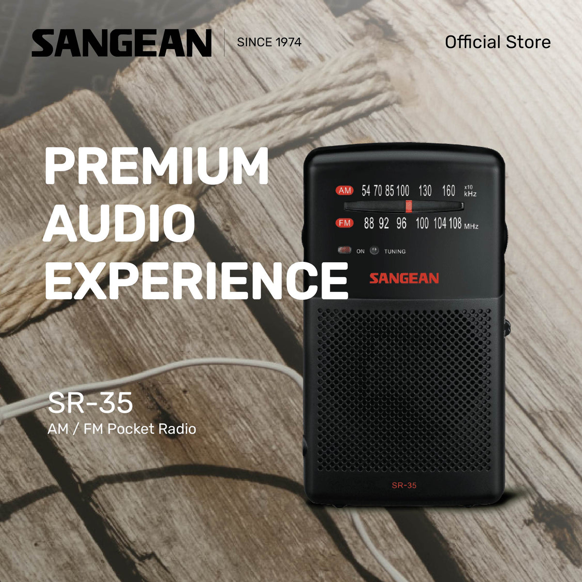 Sangean SR-35 AM / FM Pocket Radio (Black) - 1 Year Manufacturer Warranty