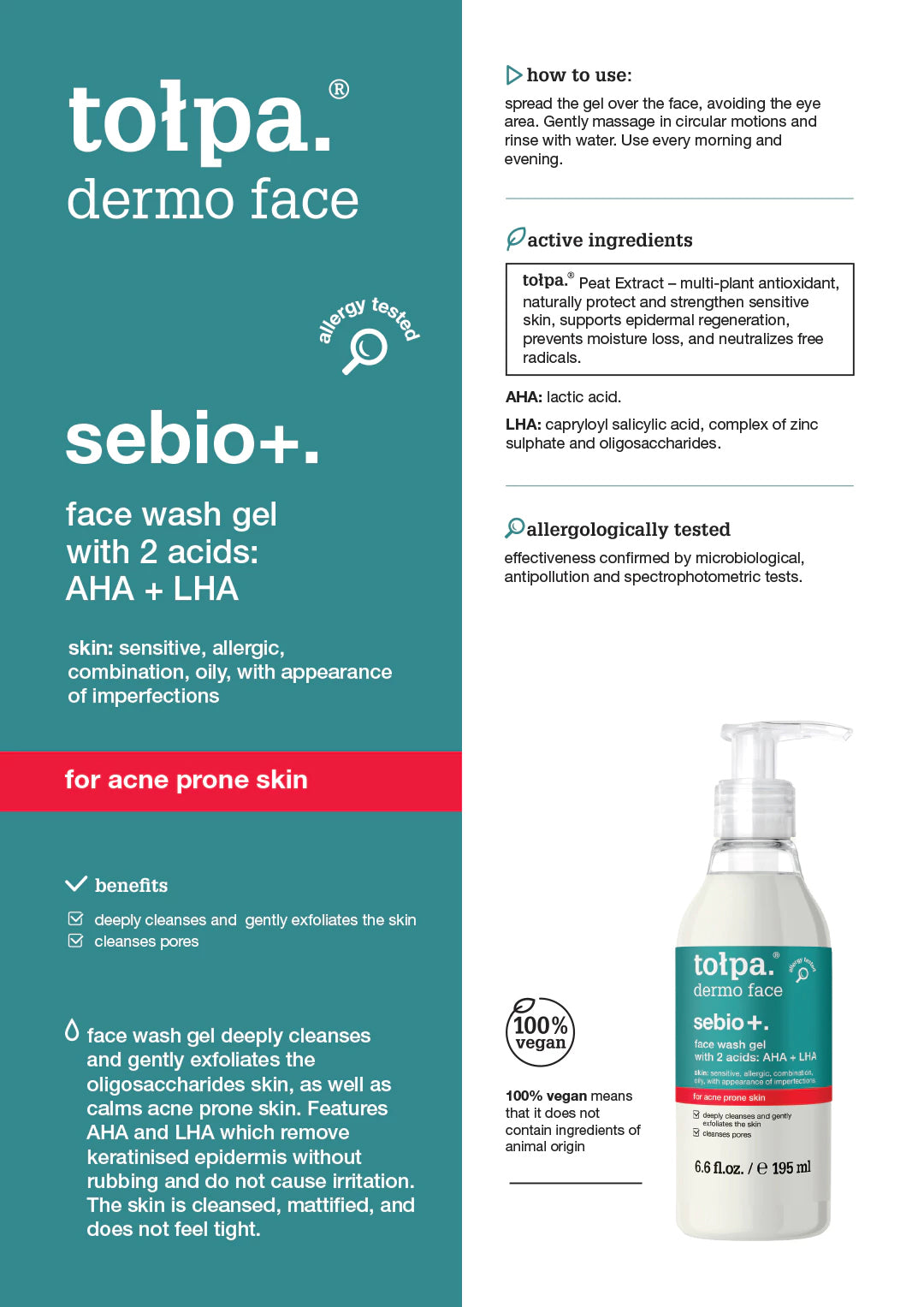 Tolpa Sebio+. Face Wash Gel with 2 Acids: AHA+LHA 195ml
