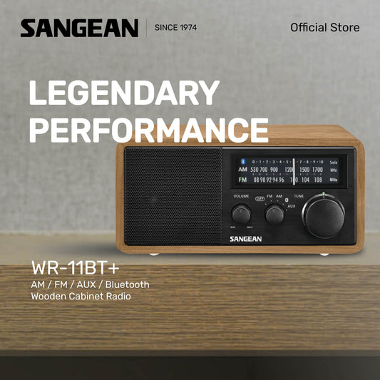 Sangean WR-11BT AM / FM / AUX / Bluetooth Wooden Cabinet Radio (Light Wood-Black) - 1 Year Manufacturer Warranty