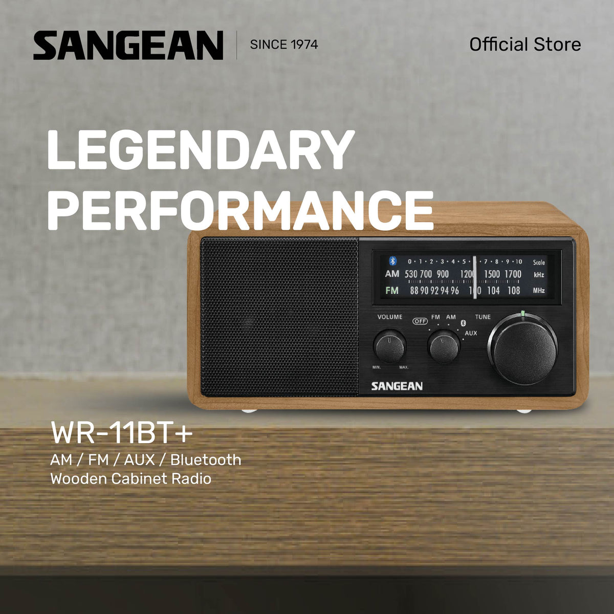 Sangean WR-11BT AM / FM / AUX / Bluetooth Wooden Cabinet Radio (Light Wood-Black) - 1 Year Manufacturer Warranty
