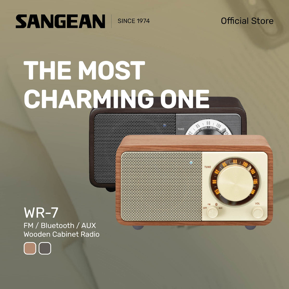Sangean WR-7 FM / Bluetooth / AUX Wooden Cabinet Radio (Dark Cherry/Walnut) - 1 Year Manufacturer Warranty
