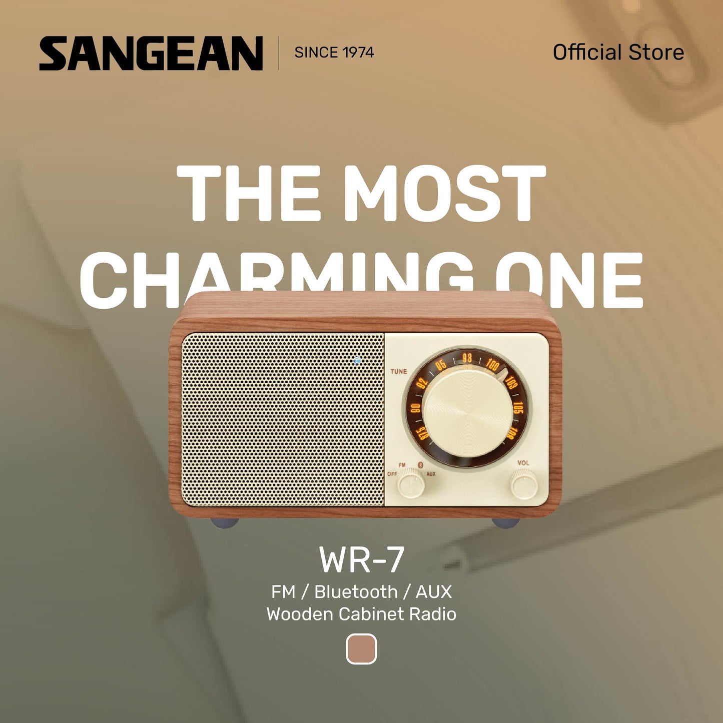Sangean WR-7 FM / Bluetooth / AUX Wooden Cabinet Radio (Dark Cherry/Walnut) - 1 Year Manufacturer Warranty