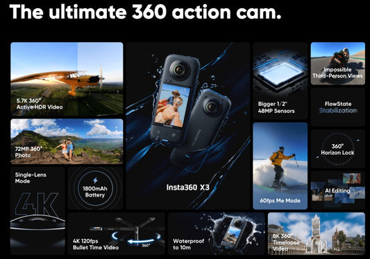 Insta360 X3 action 360 camera with/without 114cm Invisible Selfie Stick
