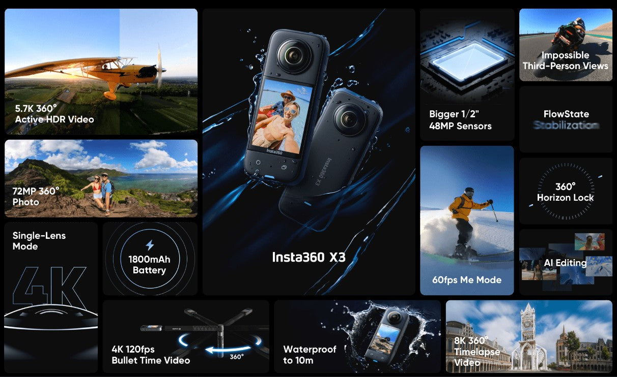 Insta360 One X3 With 2in1 Invisible Selfie Stick, Lens Cap, Removable Lens Guard & MicroSD card - 1 Year Local Manufacturer Warranty