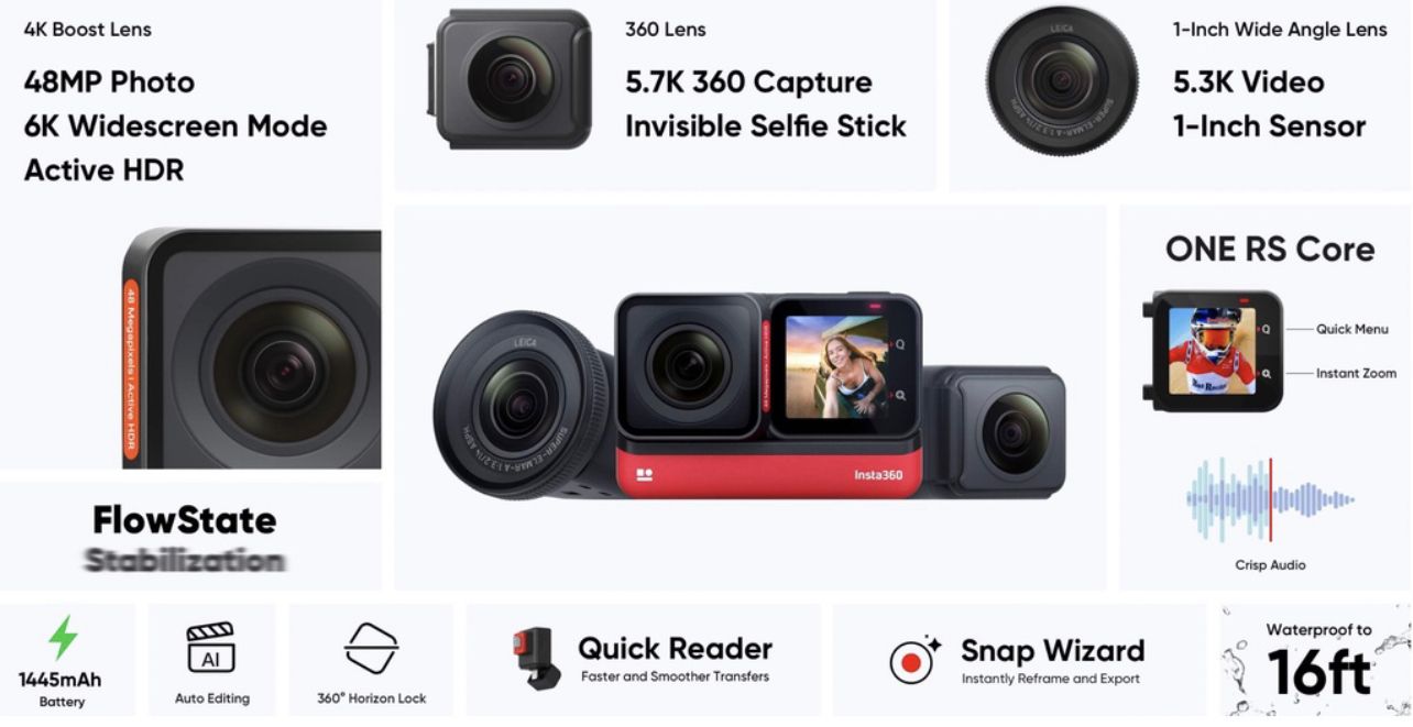 Insta360 ONE RS 1- Inch Edition -Standalone With Invisible Selfie Stick & Sandisk microSD 128gb Card -1 Year Local Manufacturer Warranty