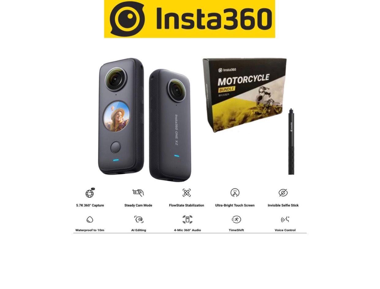 Insta360 ONE X2 With Motorcycle Mount Bundle with FREE Invisible Selfie Stick - 1 Year Local Manufacturer Warranty