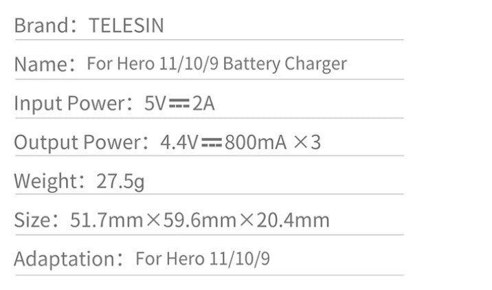 Telesin Batteries Charger with 3 Slots for Gopro Hero 9/10/11/12/13