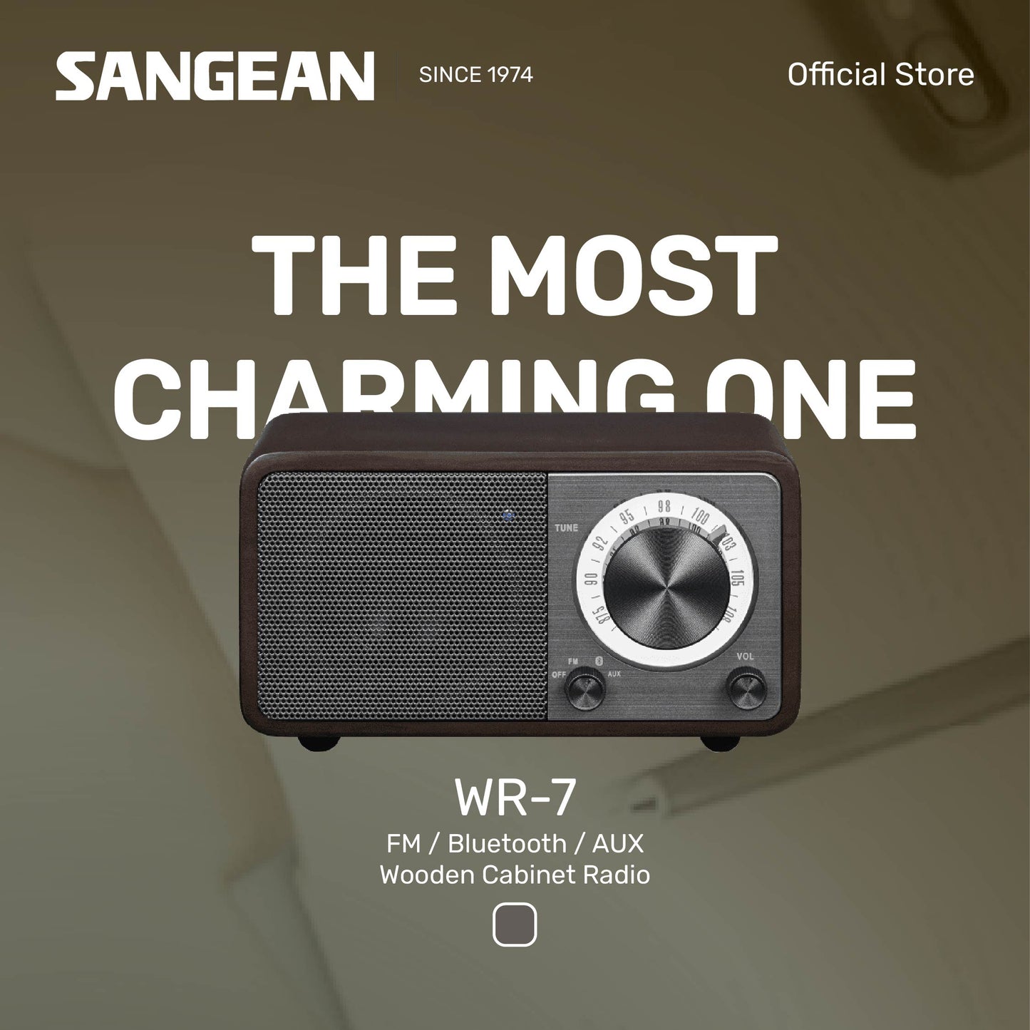 Sangean WR-7 FM / Bluetooth / AUX Wooden Cabinet Radio (Dark Cherry/Walnut) - 1 Year Manufacturer Warranty