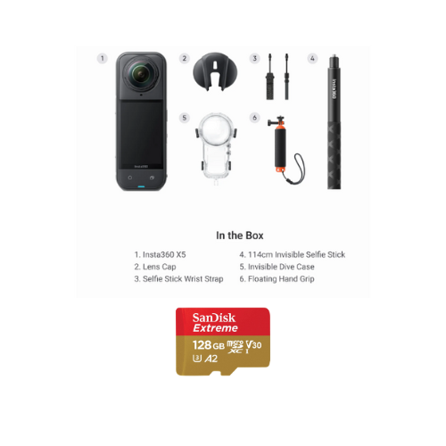 Insta360 X5 Invisible Dive Bundle (X5, Lens Cap, 114cm Invisible Selfie Stick, Invisible Dive Case, Floating Hand Grip, Selfie Stick Wrist Strap)
