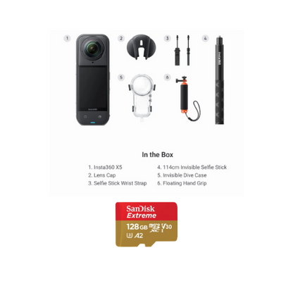 Insta360 X5 Invisible Dive Bundle (X5, Lens Cap, 114cm Invisible Selfie Stick, Invisible Dive Case, Floating Hand Grip, Selfie Stick Wrist Strap)
