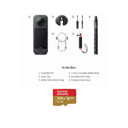 Insta360 X5 Invisible Dive Bundle (X5, Lens Cap, 114cm Invisible Selfie Stick, Invisible Dive Case, Floating Hand Grip, Selfie Stick Wrist Strap)