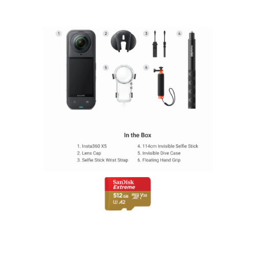 Insta360 X5 Invisible Dive Bundle (X5, Lens Cap, 114cm Invisible Selfie Stick, Invisible Dive Case, Floating Hand Grip, Selfie Stick Wrist Strap)