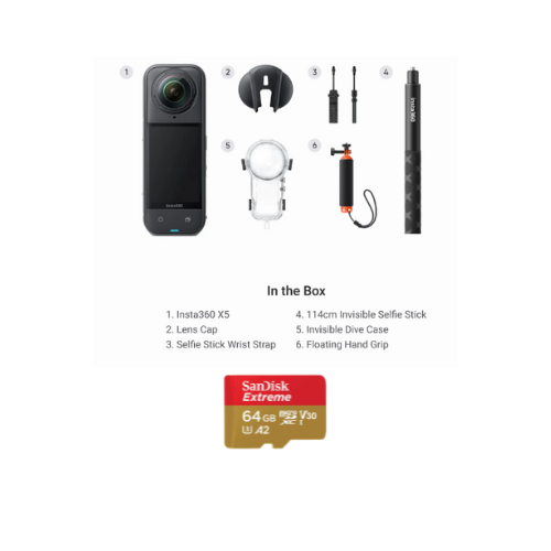 Insta360 X5 Invisible Dive Bundle (X5, Lens Cap, 114cm Invisible Selfie Stick, Invisible Dive Case, Floating Hand Grip, Selfie Stick Wrist Strap)