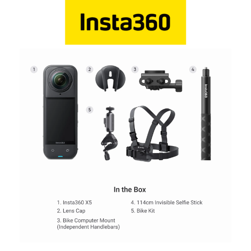 Insta360 X5 Road Cycling Bundle (Independent) (Lens Cap, 114cm Invisible Selfie Stick, Bike Computer Mount(Independent Handlebars) and Bike Kit)