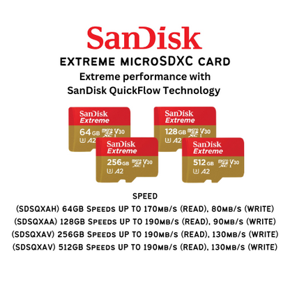 SanDisk Extreme microSDXC UHS-I Card (Class 10) 4K UHD - 64gb(SDSQXAH)/128gb(SDSQXAA)/ 256gb, 512gb(SDSQXAV)