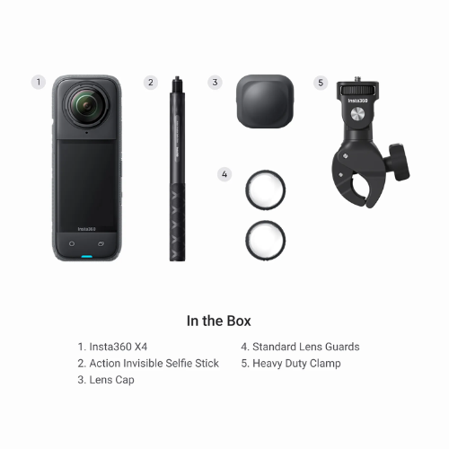 Insta360 X4 Motorcycle Multiview Bundle (Insta360 X4, Standard Lens Guards, Action Invisible Selfie Stick, Heavy Duty Clamp and Lens Cap)