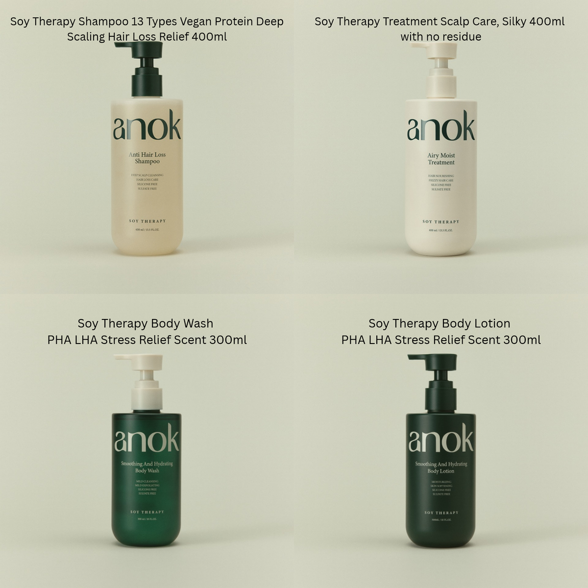 ANOK Smoothing & Hydrating Body Wash 300ml /Smoothing & Hydrating Body Lotion 300ml /Anti Hair Loss Shampoo 400ml /Airy Moist Treatment 400ml