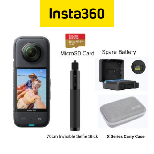 Insta360 One X3 with 70cm/72cm Invisible Selfie Stick, Extra Battery, X-Series Case And 64GB Card-1 Year Local Manufacturer Warranty