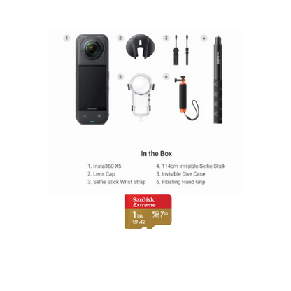 Insta360 X5 Invisible Dive Bundle (X5, Lens Cap, 114cm Invisible Selfie Stick, Invisible Dive Case, Floating Hand Grip, Selfie Stick Wrist Strap)
