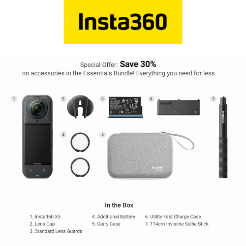 Insta360 X5 Essentials Bundle (Additional Battery, Utility Fast Charge Case, 114cm Invisible Selfie Stick, Standard Lens Guards, Lens Cap, Carry Case)