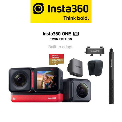 Insta360 One RS Twin Edition With Invisible Selfie Stick, Cold Shoe, Mic Adapter, lens cap & 128GB card