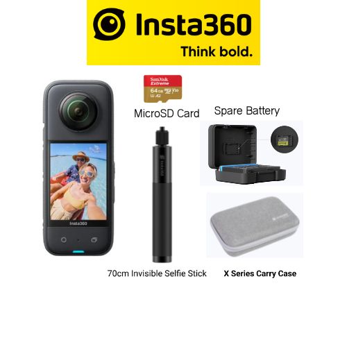 Insta360 ONE X3 with 70cm/72cm Invisible Selfie Stick, Extra Battery, X-Series Case And 64GB Card-1 Year Local Manufacturer Warranty