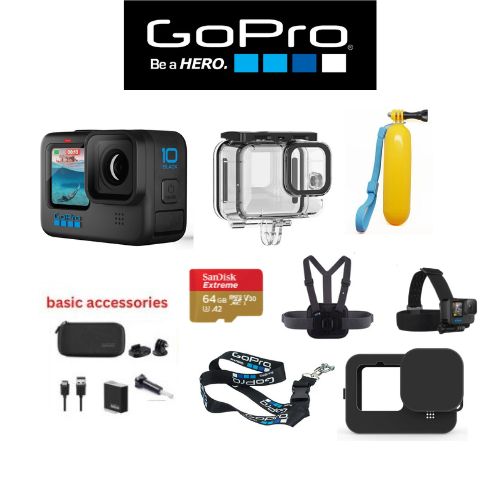 Gopro Hero 10 Black With Diving Set (Waterproof case, silicone case,bobber, chest strap, head strap, lanyard, 64GB card)