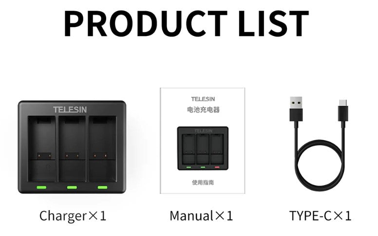 Telesin Batteries Charger with 3 Slots for Gopro Hero 9/10/11